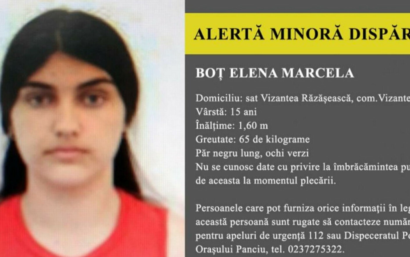 O fată de 15 ani din județul Vrancea este dată dispărută Poliția face