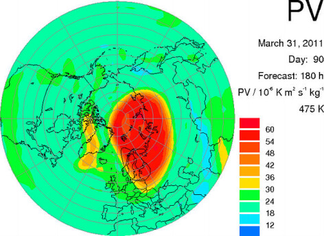 Pozitia gaurii de ozon, pe 31 martie