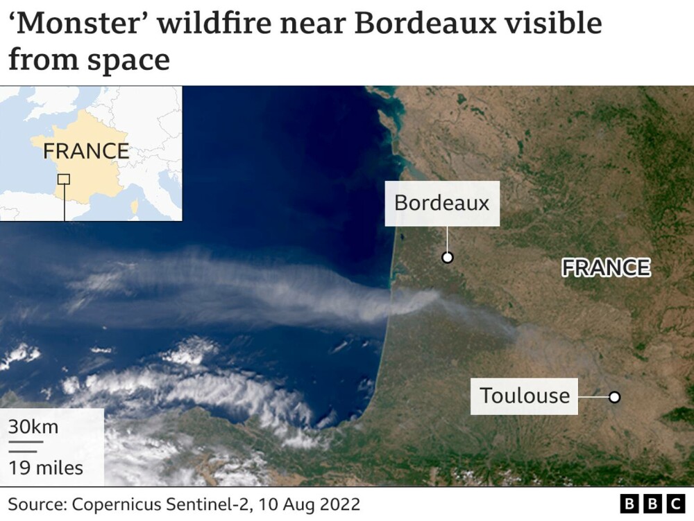 Incendiile din Franța, de lângă Bordeaux, se văd din spațiu. Imaginile surprinse din satelit - Imaginea 1