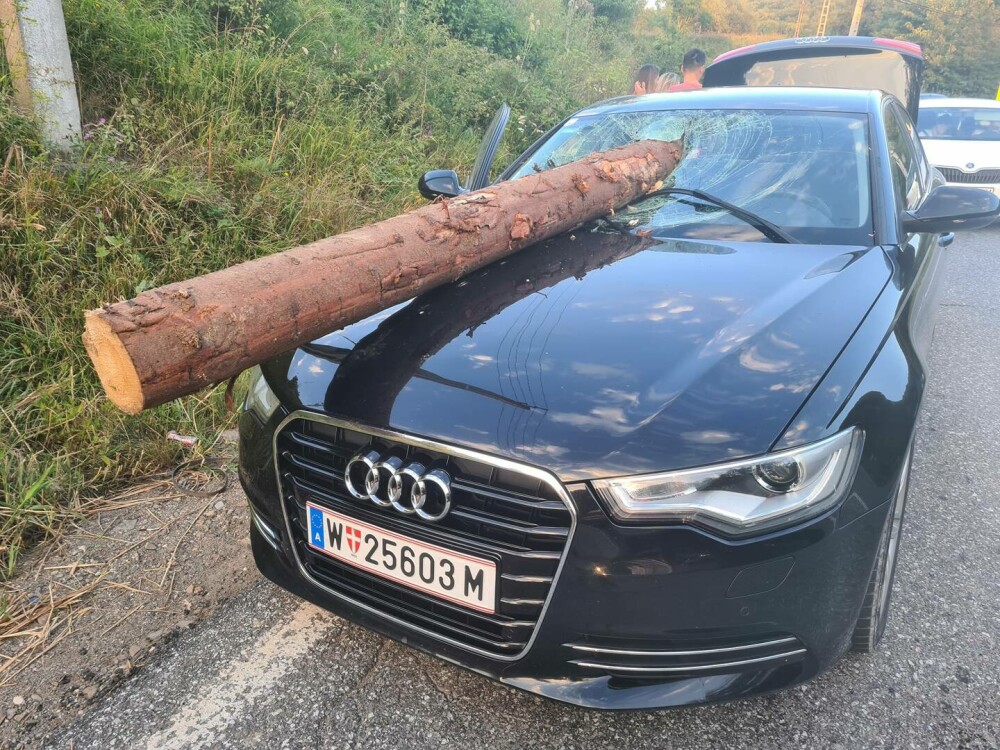Accident ca în ”Final Destination” în Brașov. Un buștean dintr-un tir a străpuns parbrizul mașinii care circula în spate FOTO - Imaginea 2