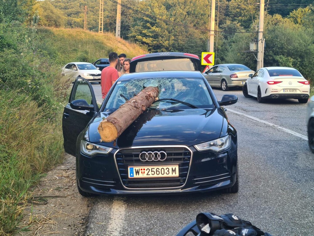 Accident ca în ”Final Destination” în Brașov. Un buștean dintr-un tir a străpuns parbrizul mașinii care circula în spate FOTO - Imaginea 3