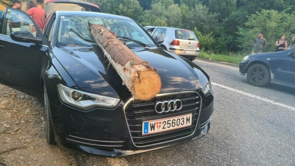 Cine se afla în autoturismul distrus de un buștean căzut dintr-un TIR, în Brașov. Imagini din interiorul mașinii - Imaginea 3