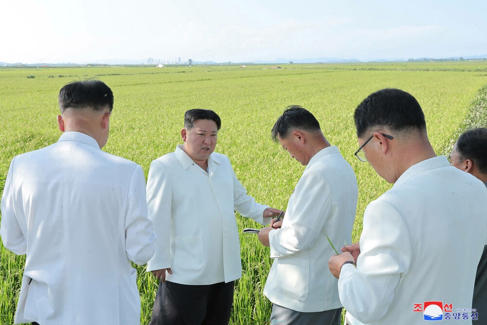 Kim Jong Un, îmbrăcat în alb în vizită în fermele afectate de furtuna tropicală care a lovit Coreea de Nord. FOTO - Imaginea 1