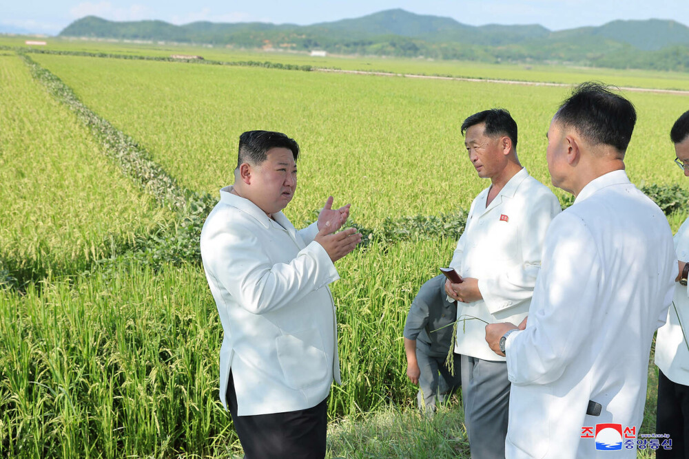 Kim Jong Un, îmbrăcat în alb în vizită în fermele afectate de furtuna tropicală care a lovit Coreea de Nord. FOTO - Imaginea 2