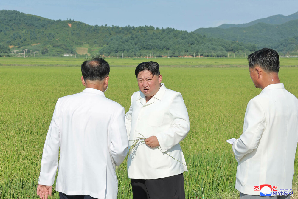 Kim Jong Un, îmbrăcat în alb în vizită în fermele afectate de furtuna tropicală care a lovit Coreea de Nord. FOTO - Imaginea 4