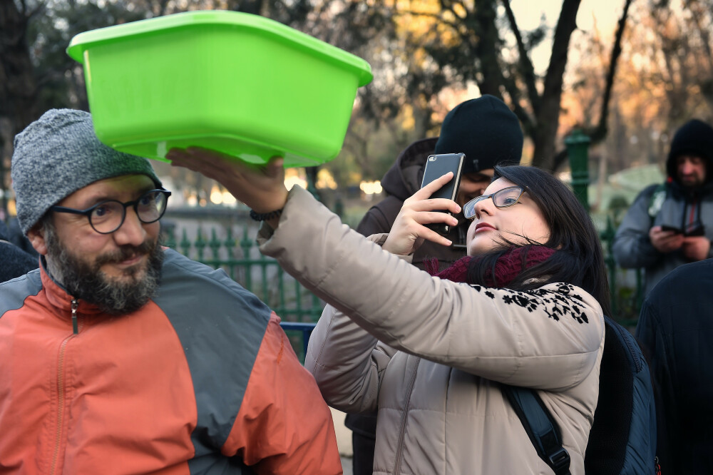 Protest cu ligheane în faţa Primăriei Capitalei. 