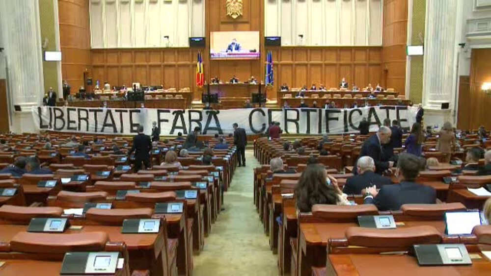 Protest în Parlament cu AUR și Șoșoacă. Banner uriaș: ”Libertate fără certificate” - Imaginea 1
