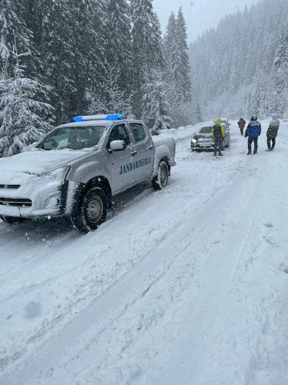 Patru maşini, în care se aflau 12 persoane, inclusiv copii, au rămas blocate în zăpadă când plecau de la pârtia Transalpina - Imaginea 4