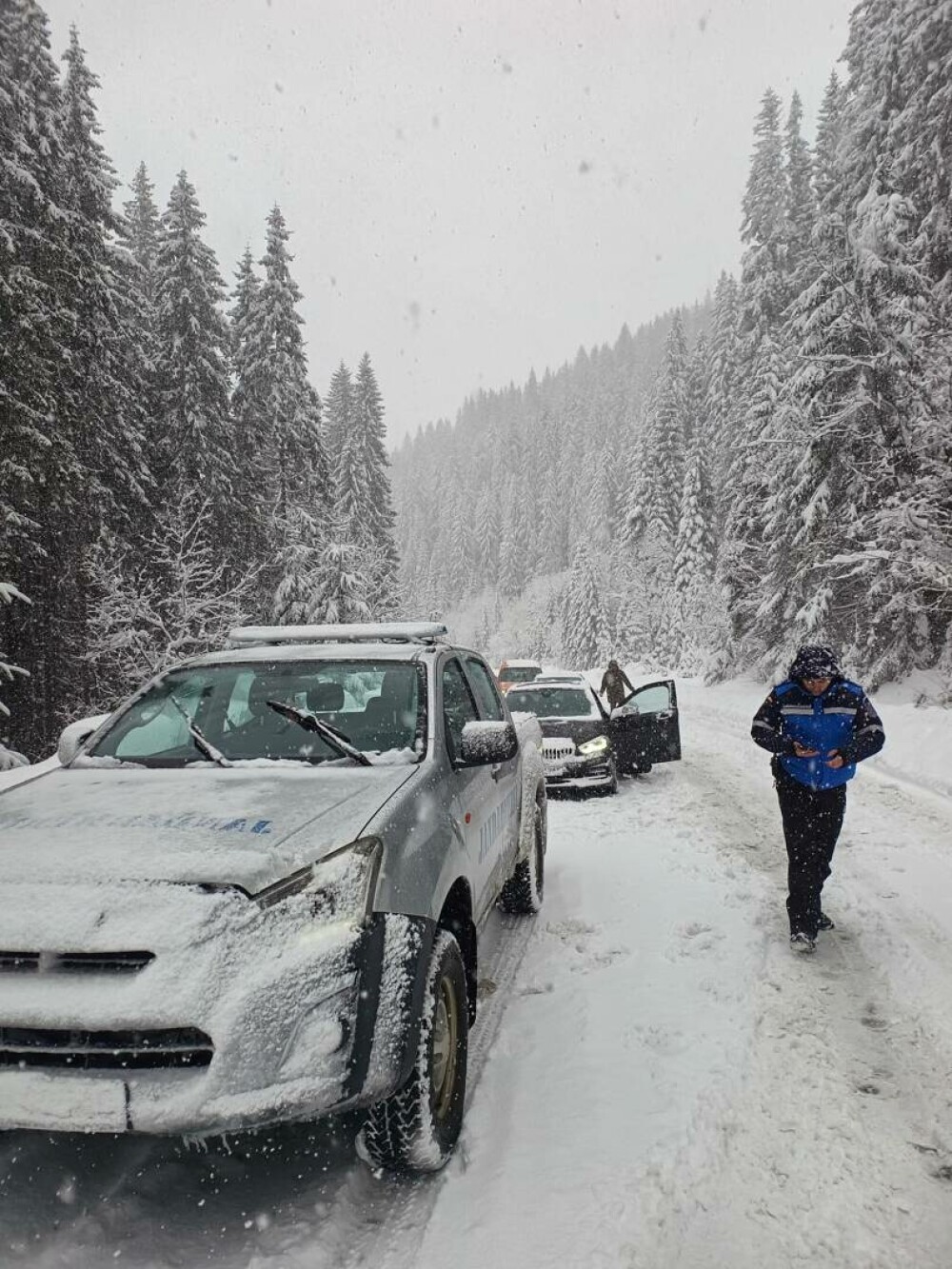 Patru maşini, în care se aflau 12 persoane, inclusiv copii, au rămas blocate în zăpadă când plecau de la pârtia Transalpina - Imaginea 6