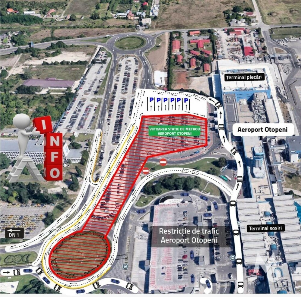 CNAB: Fluxurile auto din fața Aeroportului Otopeni, reconfigurate temporar din cauza lucrărilor la viitoarea stație de metrou - Imaginea 14