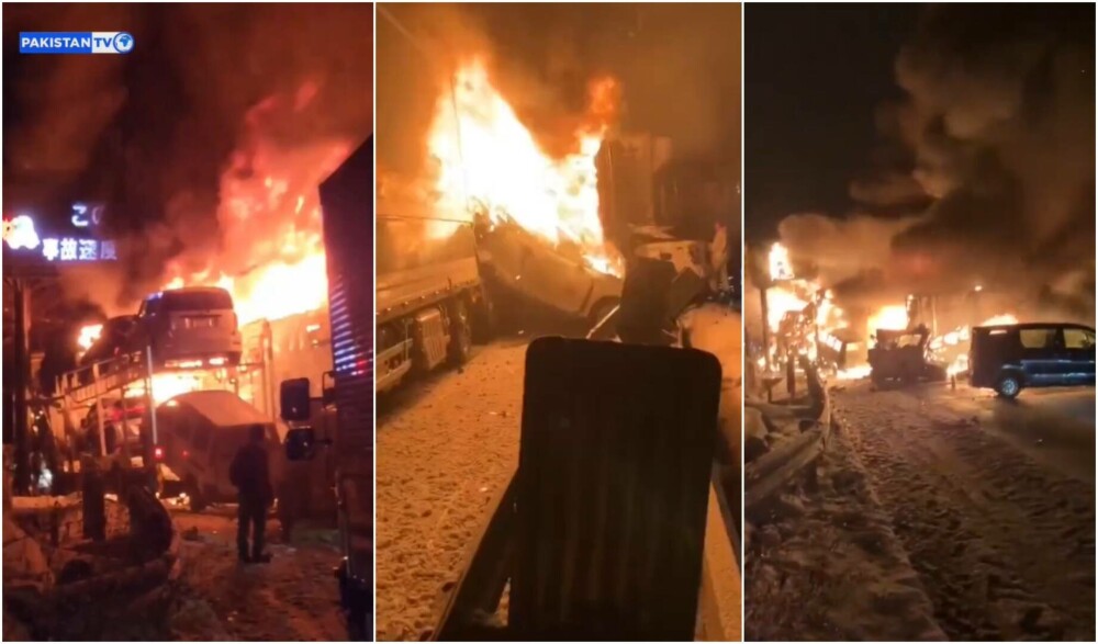 Infern pe o autostradă înzăpezită din Japonia, după un accident în lanț între 50 de mașini. Un mort și 26 de răniți. VIDEO - Imaginea 1