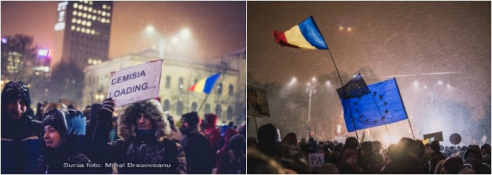 Piata Victoriei din Capitala a fost iarasi animata, pentru a noua seara la rand, in ciuda ninsorii: 