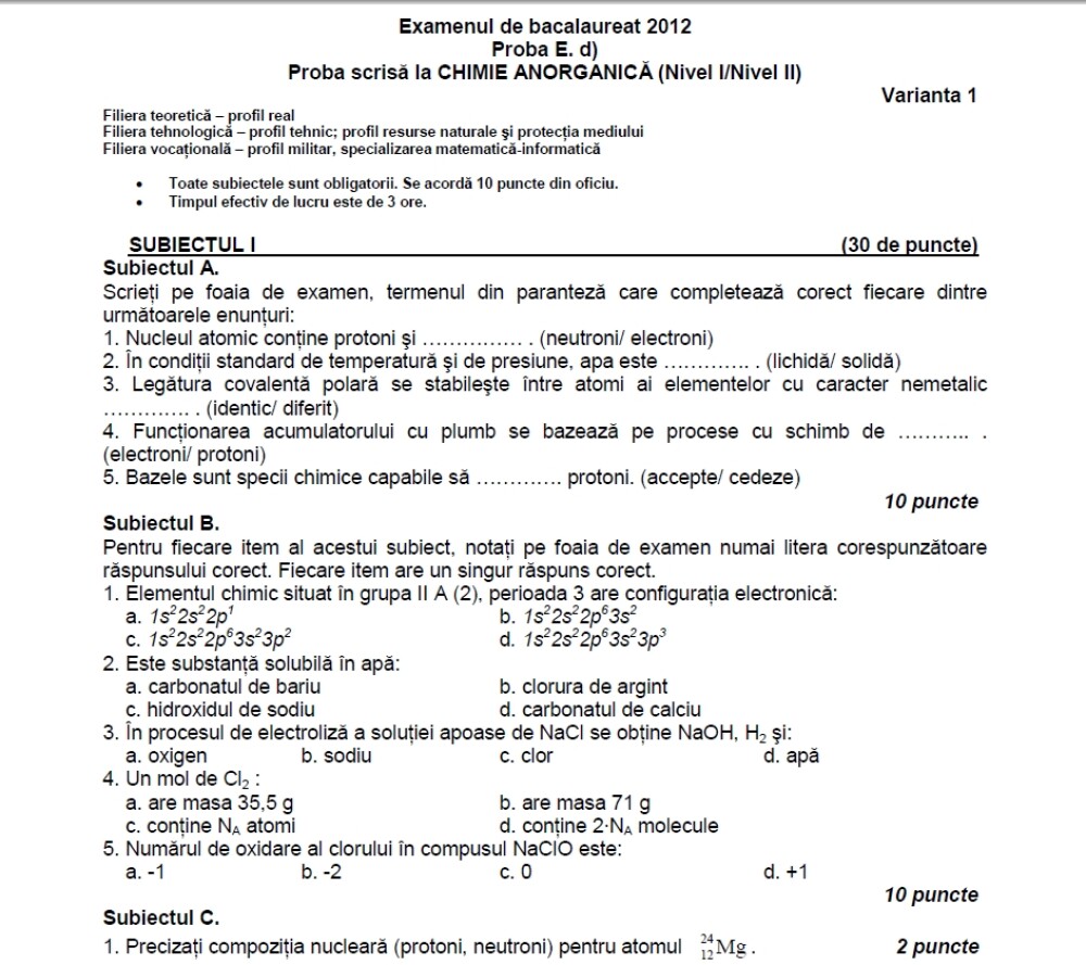 BACALAUREAT 2012. Subiecte Chimie - Imaginea 5