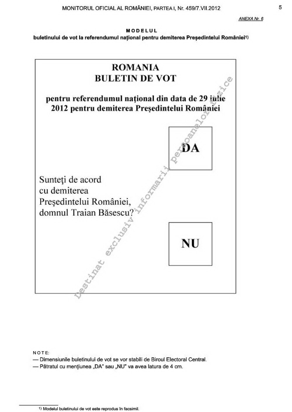 Cum arata MODELUL buletinului de vot pentru referendumul de demitere a presedintelui Traian Basescu - Imaginea 1