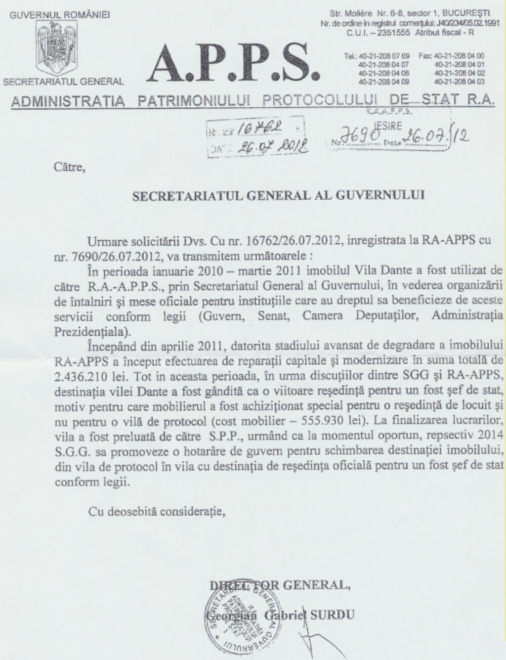 RA-APPS a informat Guvernul ca Vila Dante urma sa fie atribuita in 2014 unui fost sef de stat - Imaginea 2