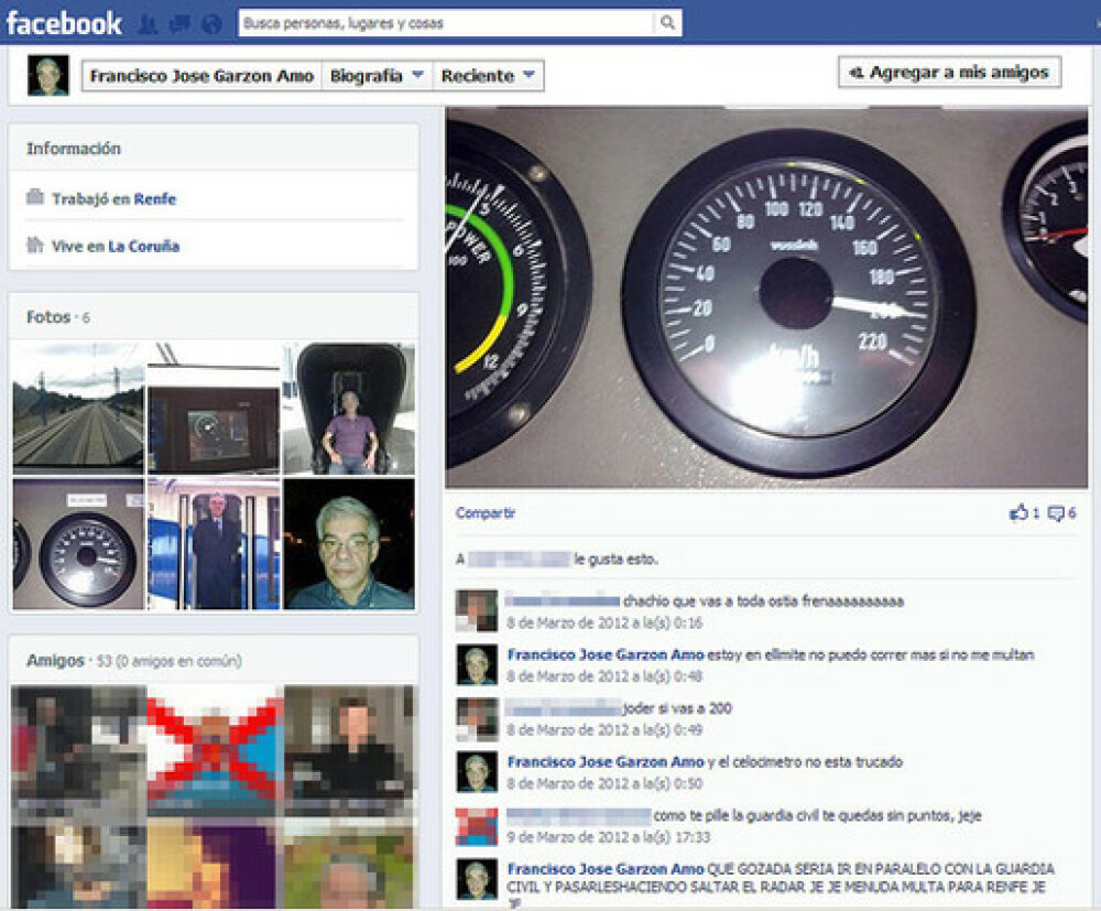 Conductorul trenului deraiat in Spania se lauda pe Facebook ca merge cu 200 km/h: 