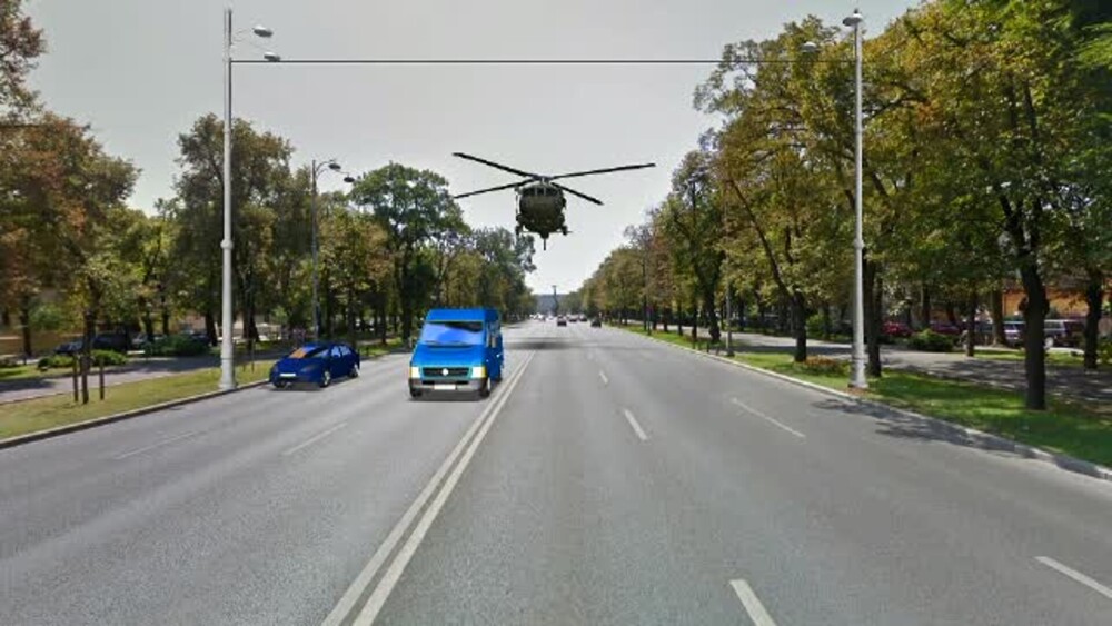 ANIMAȚIE GRAFICĂ. Momentul în care elicopterul militar a ajuns deasupra mașinilor și a rupt stâlpii - Imaginea 1
