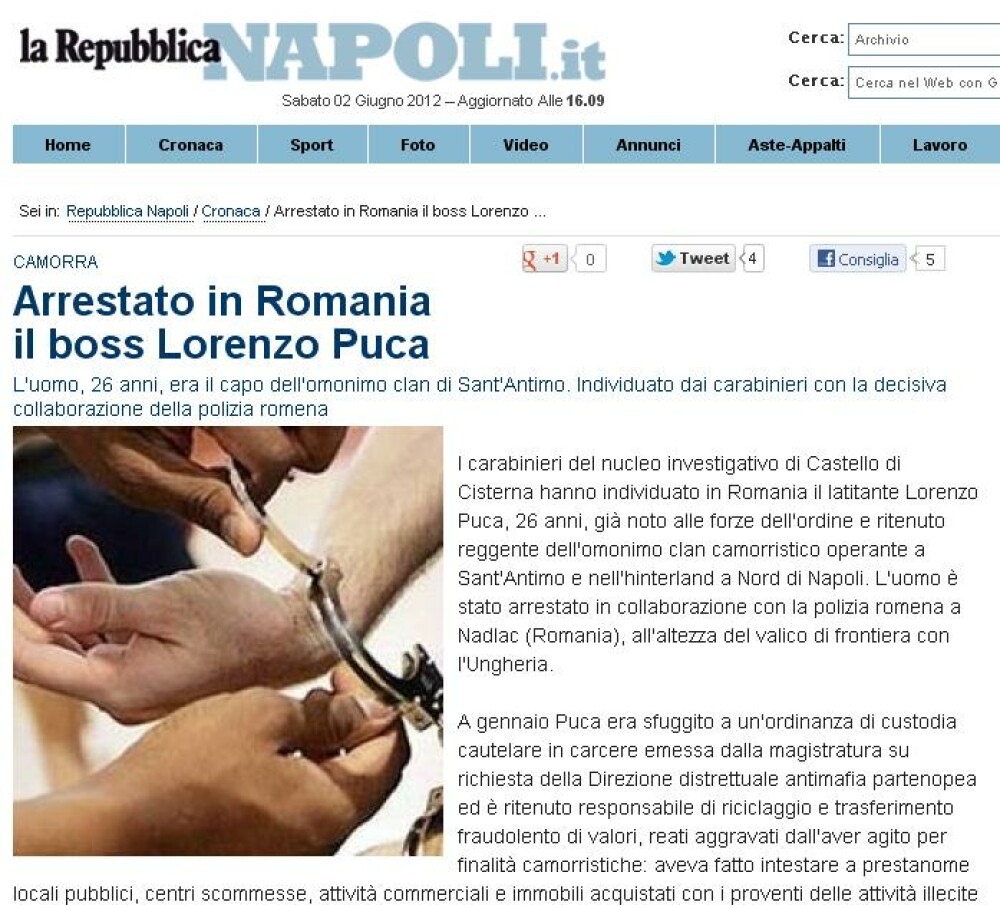 La Repubblica: Un membru Camorra, arestat la Vama Nadlac. Era urmarit de 6 luni - Imaginea 2