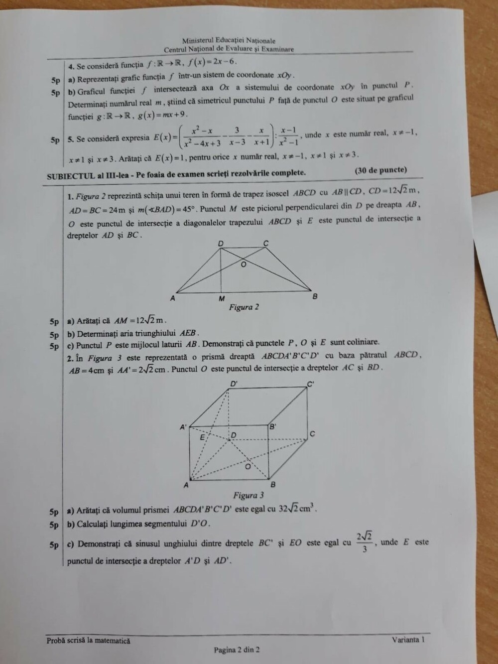 EVALUARE NAȚIONALĂ Matematică 2019. Subiectele și Baremul au fost publicate pe EDU.RO - Imaginea 3
