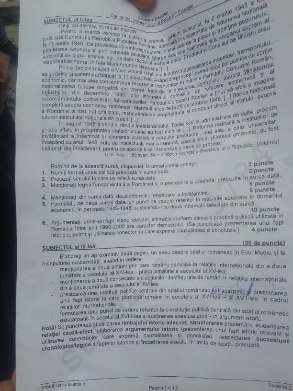 Bacalaureat 2021. Ce subiecte au picat la Istorie și care este baremul de corectare - Imaginea 3