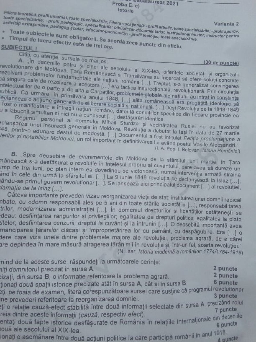 Bacalaureat 2021. Ce subiecte au picat la Istorie și care este baremul de corectare - Imaginea 2