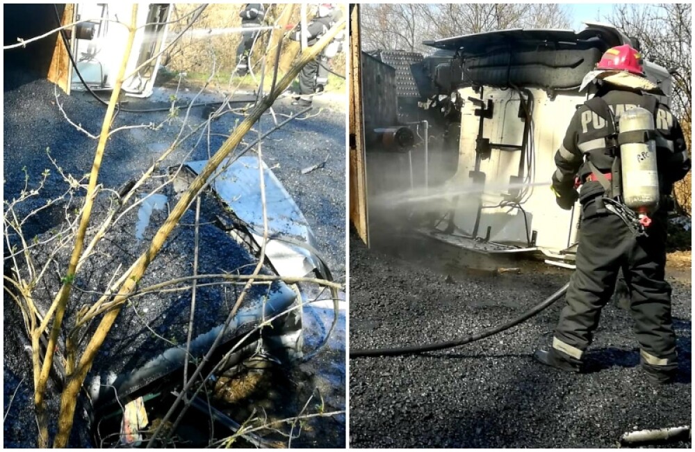Scene de groază în Arad. Șofer ars de bitumul fierbinte căzut dintr-un camion răsturnat - Imaginea 1