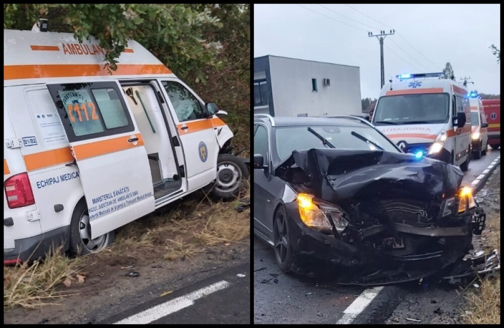 Ambulanţă cu doi pacienţi, izbită de un autoturism şi proiectată în altul. Sunt 4 victime - Imaginea 1
