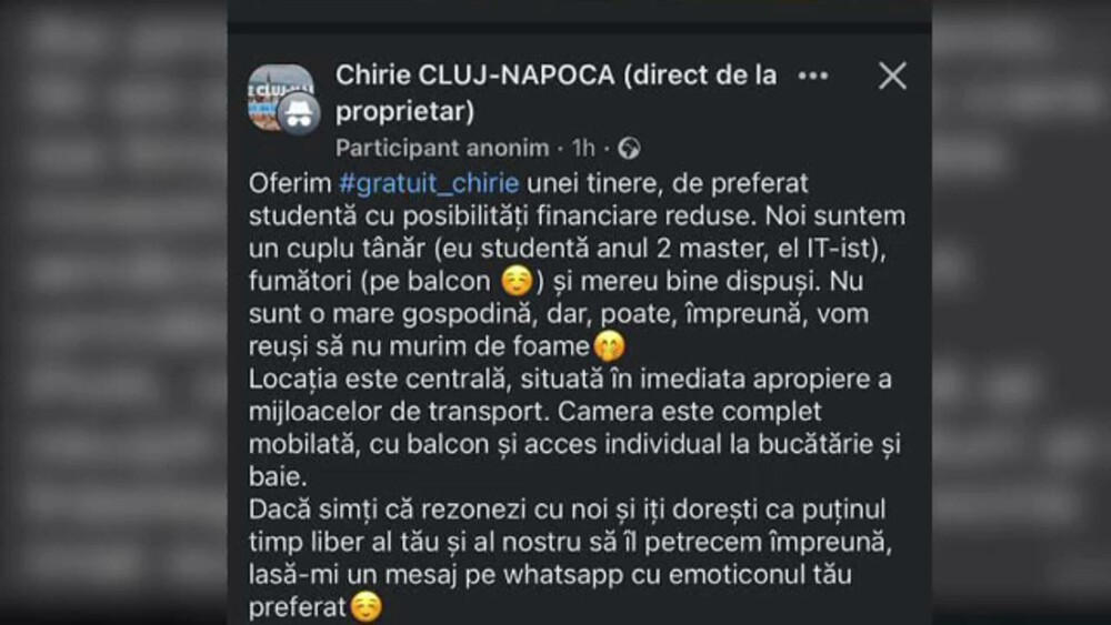 O studentă a dat curs unui anunț online care oferea cazare gratuită în Cluj, în apartamentul unui cuplu. Ce ascundea mesajul - Imaginea 5