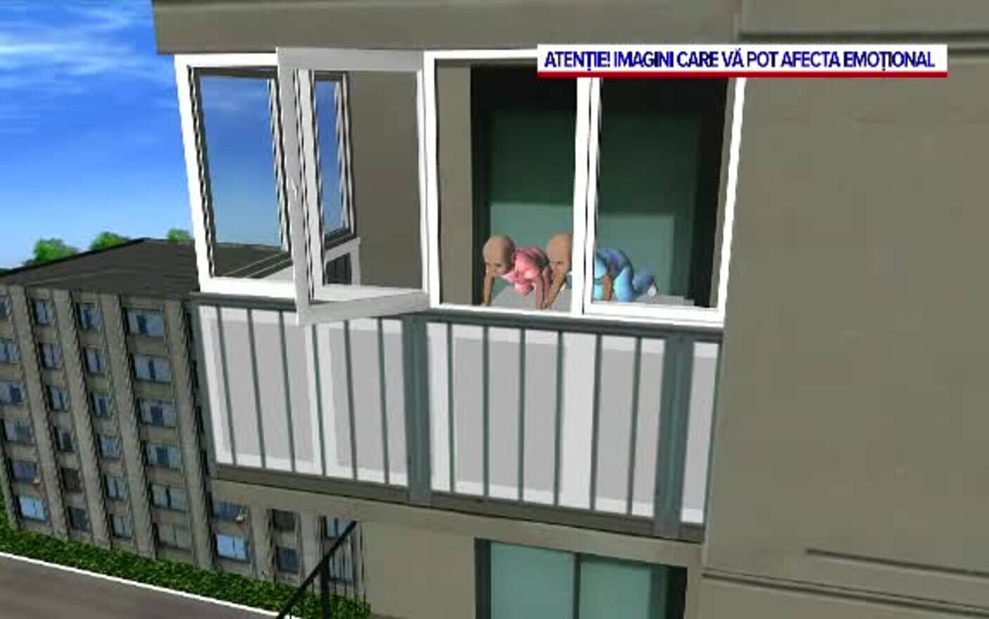 GRAPHIC ANIMATION!  The moment when the twins from Ploiești climbed on the windowsill and fell from the 10th floor