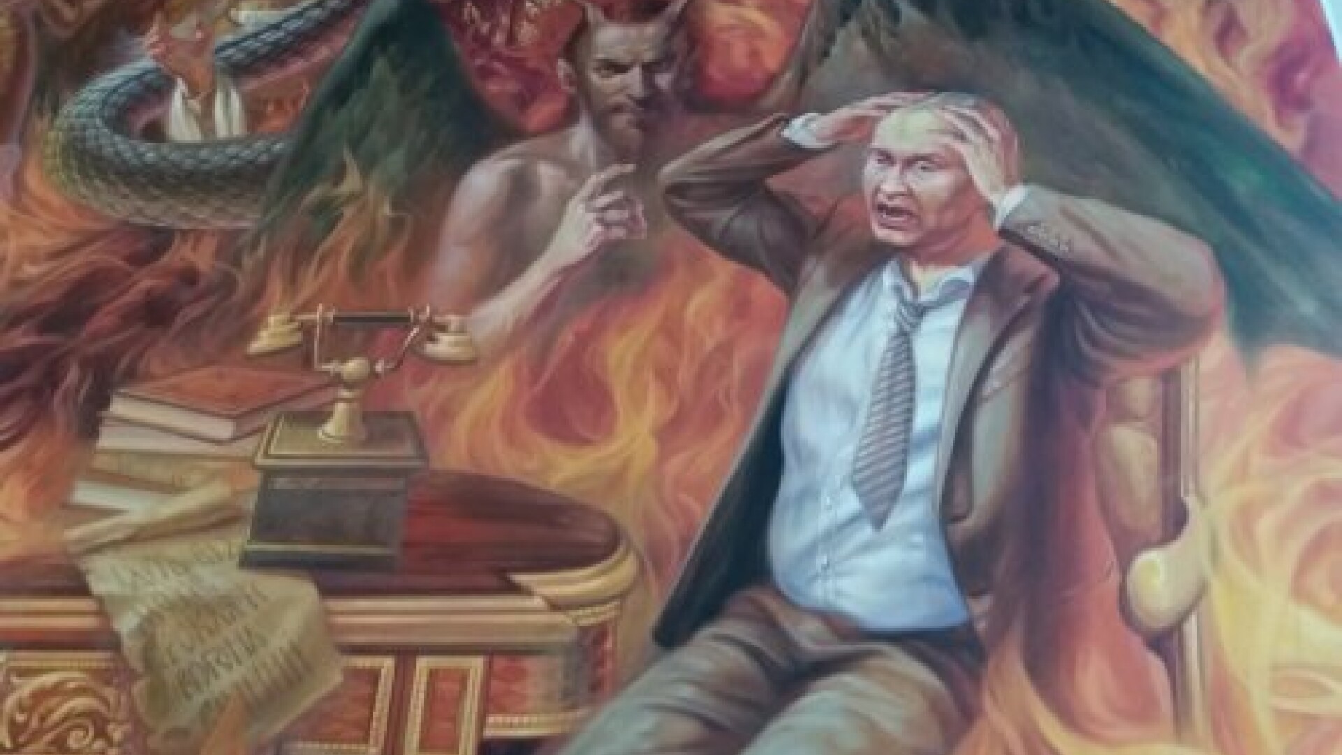 Vladimir Putin arzand in flacarile iadului