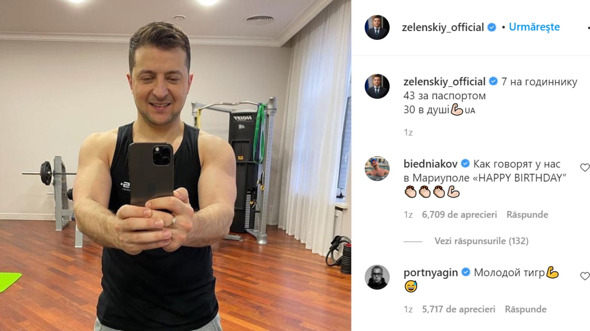 Președintele Ucrainei, Vladimir Zelensky, a postat un selfie din sala de forță de ziua lui. Ce mesaj a transmis