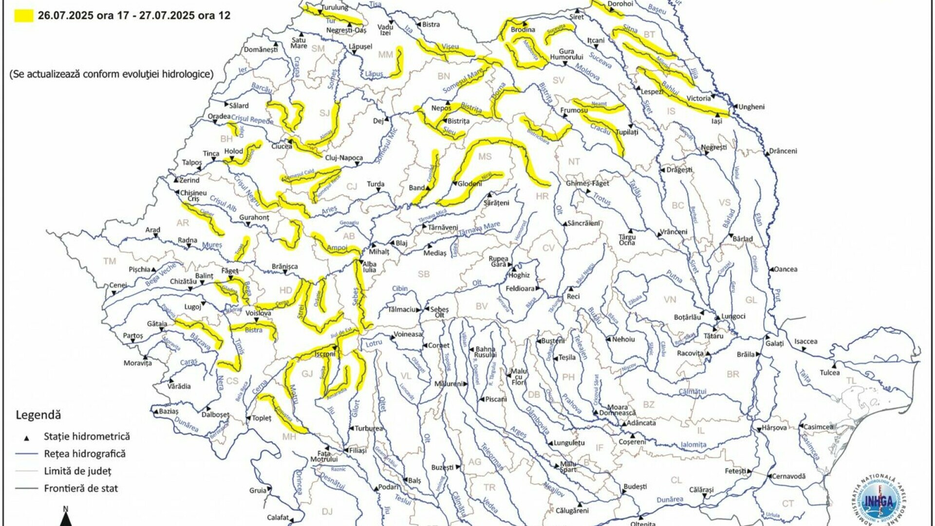 Cod galben de inundații emis de INHGA. Risc de viituri și depășiri ale cotelor pe râurile din mai multe zone ale țării