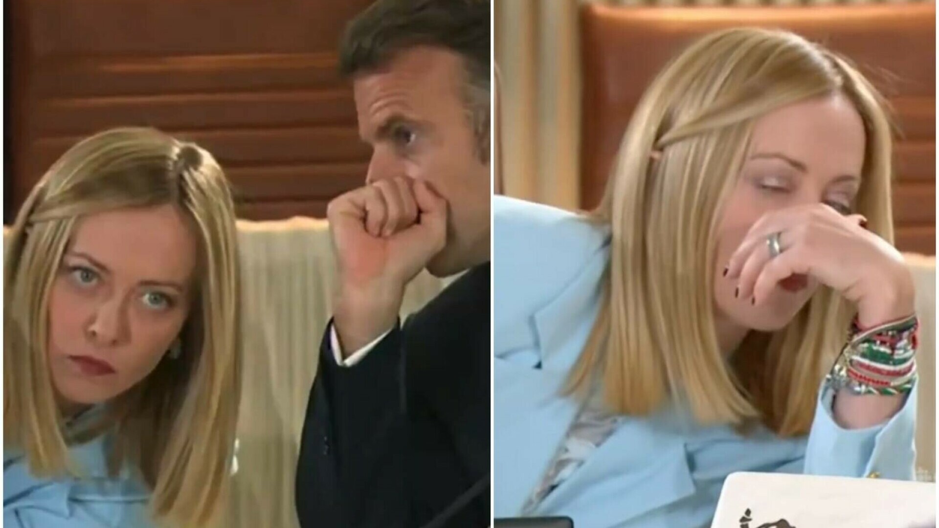 Meloni, filmată cum își dă ochii peste cap în timp ce Macron îi șoptește ceva la ureche, la summitul G7. Momentul, viral