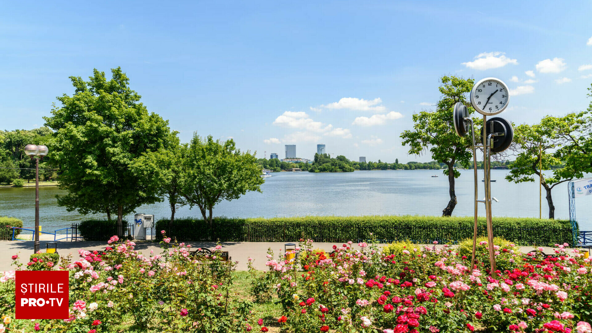 Plimbare pe aleile Parcului Herăstrău din București, cu lacul și copacii în fundal