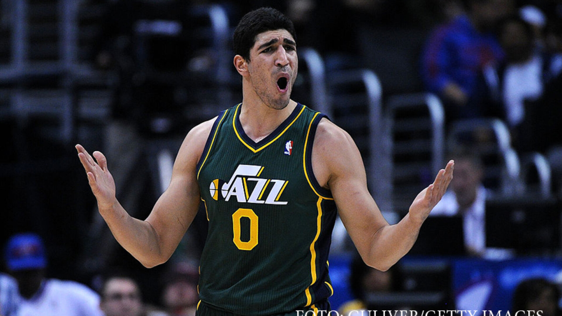 Enes Kanter #0 of Utah Jazz reacts during the game against the Los Angeles Clippers Center on December 28, 2013 in Los Angeles, California
