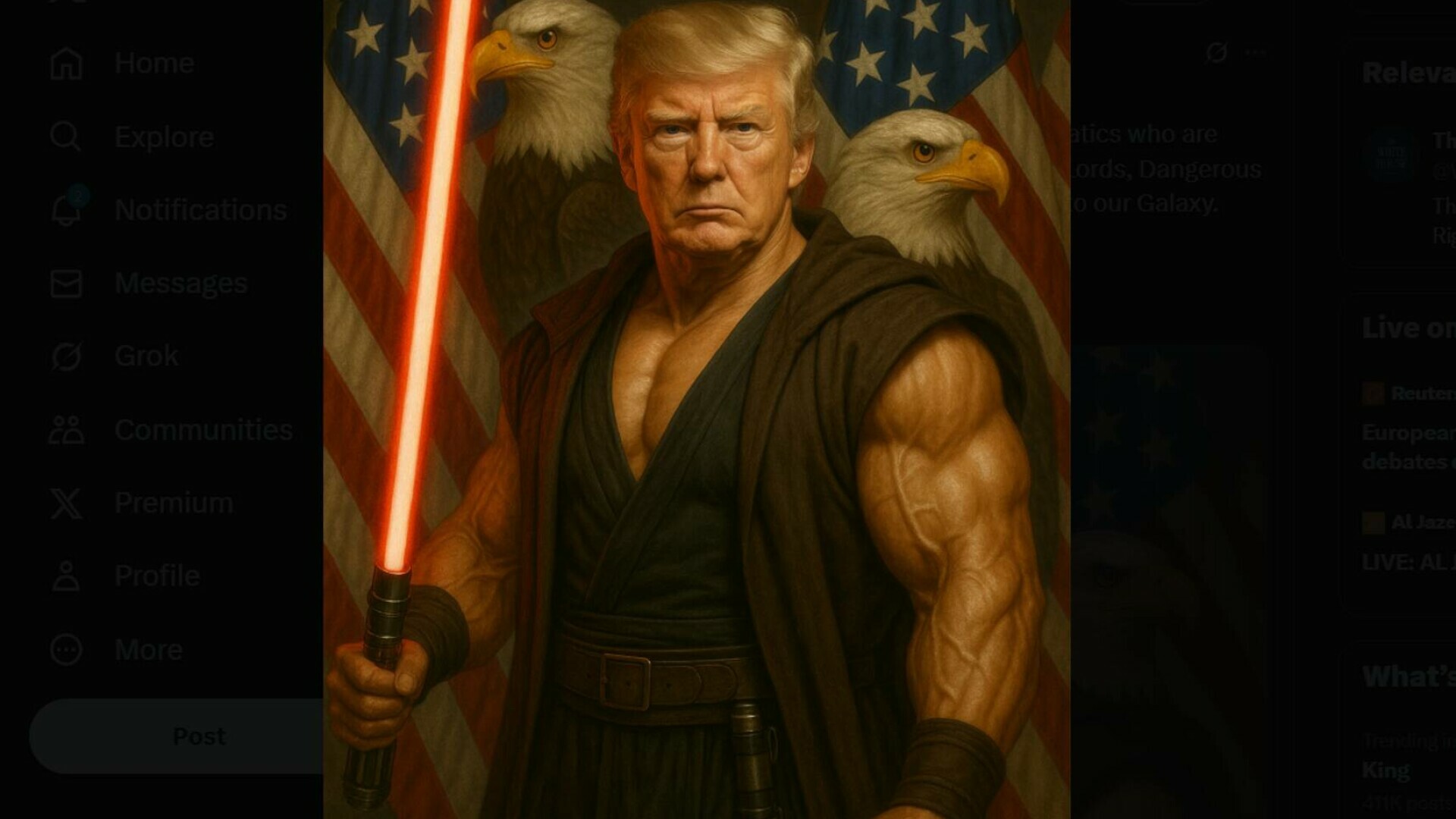 Casa Albă, ținta ironiilor pe X. A pus o poză cu Donald Trump având o sabie laser ”Sith”, susținând că el nu este ”imperiul”