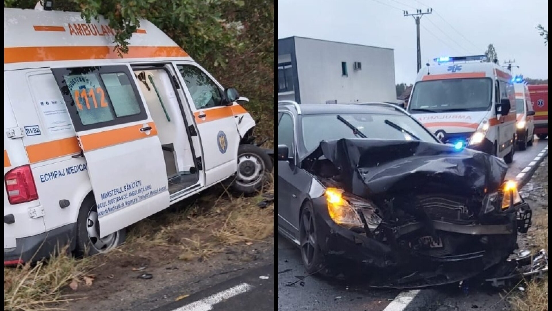 Ambulanţă cu doi pacienţi, izbită de un autoturism