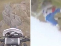 Momentul în care un biciclist cade de la 10 metri înălțime, de pe stâncă