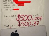 Consumatia a fost 37 de centi, dar acest chelner a primit bacsis 500 de dolari. Ce mesaj i-a lasat clienta pe nota de plata