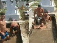 Piscină în cavou. Trei tineri s-au bălăcit într-un cimitir, cu crucea la cap | VIDEO