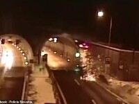 Momentul în care un BMW zboară de pe șosea și se izbește în acoperișul unui tunel