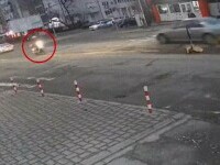 VIDEO. Momentul în care un livrator de mâncare pe scuter intră direct într-un indicator rutier în Iași