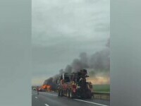 Momente de panică pe autostrada Arad-Timișoara. O ambulanță privată a căzut de pe o platformă și a luat foc
