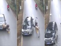 Momentul in care un motociclist chinez este izbit in plin de o masina. Detaliul care i-a salvat viata