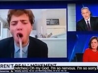 Momentul în care un tânăr care promova o conspirație în direct la TV începe să vomite în timpul interviului