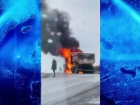 Momente de groază pentru un șofer. Cabina camionului pe care îl conducea a luat foc