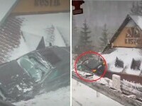 Mașină „parcată” pe acoperișul unei pensiuni din Predeal, după ce șoferul a deraiat și a rupt parapetele | VIDEO