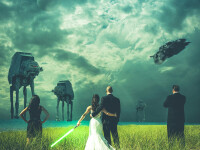 Mireasa a avut o sabie in mana: cum s-au pozat doi tineri, fani Star Wars, in ziua nuntii