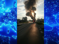 Un camion plin cu conserve a luat foc în Argeș, în apropierea unui depozit de combustibil