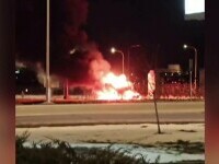 Accident grav între un autoturism și un autobuz alimentat cu gaz comprimat, în Sibiu. Ambele vehicule au luat foc
